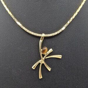 Vintage Gold Plated Abstract Pendant w Tigers Eye Cabochon Necklace 15-1/2" NOS